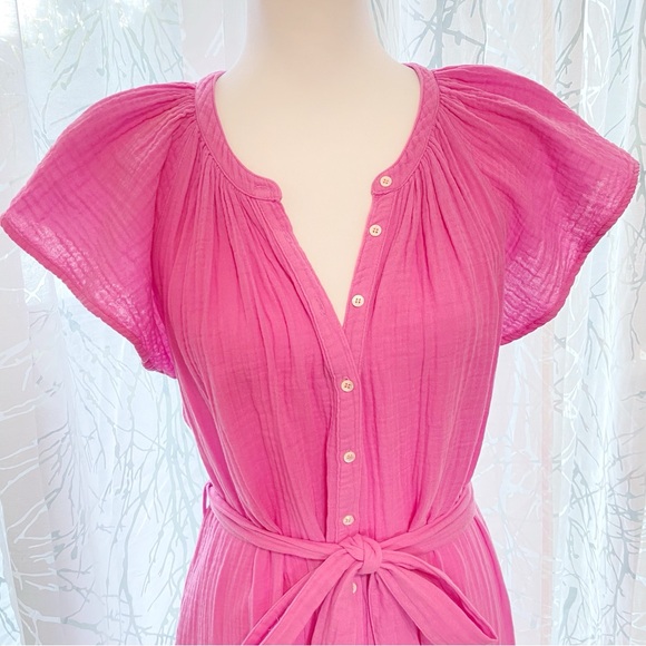 XÍRENA Pink Jude Cotton Gauze Flutter Short Sleeve Button Up Belted Mini Dress - Picture 2 of 10